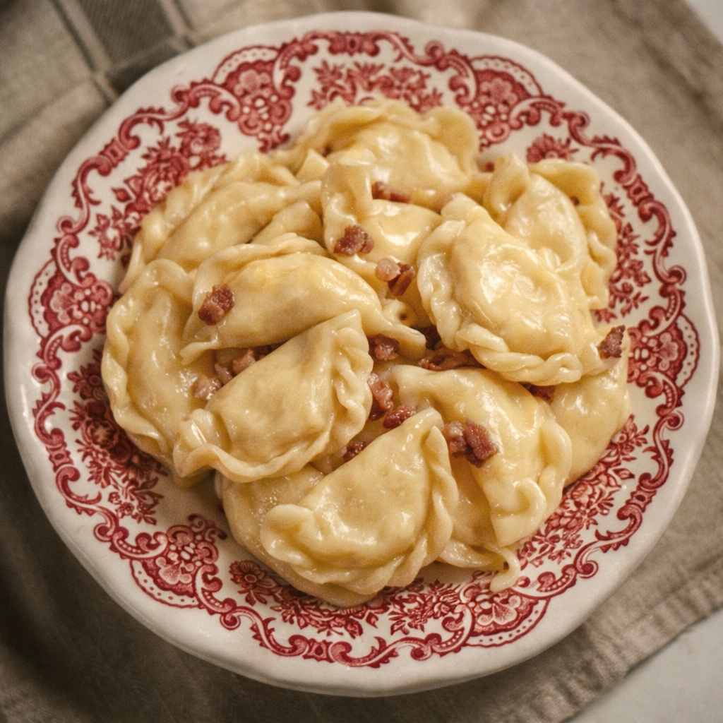 Traditional hand-made potato&bacon pierogi